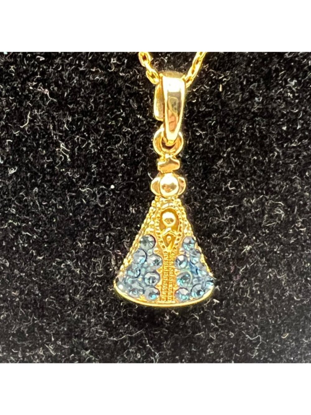Our Lady Of Aparecida Gold-Tone Necklace Blue Rhinestone Pendant Brazil Style - Picture 2 of 7